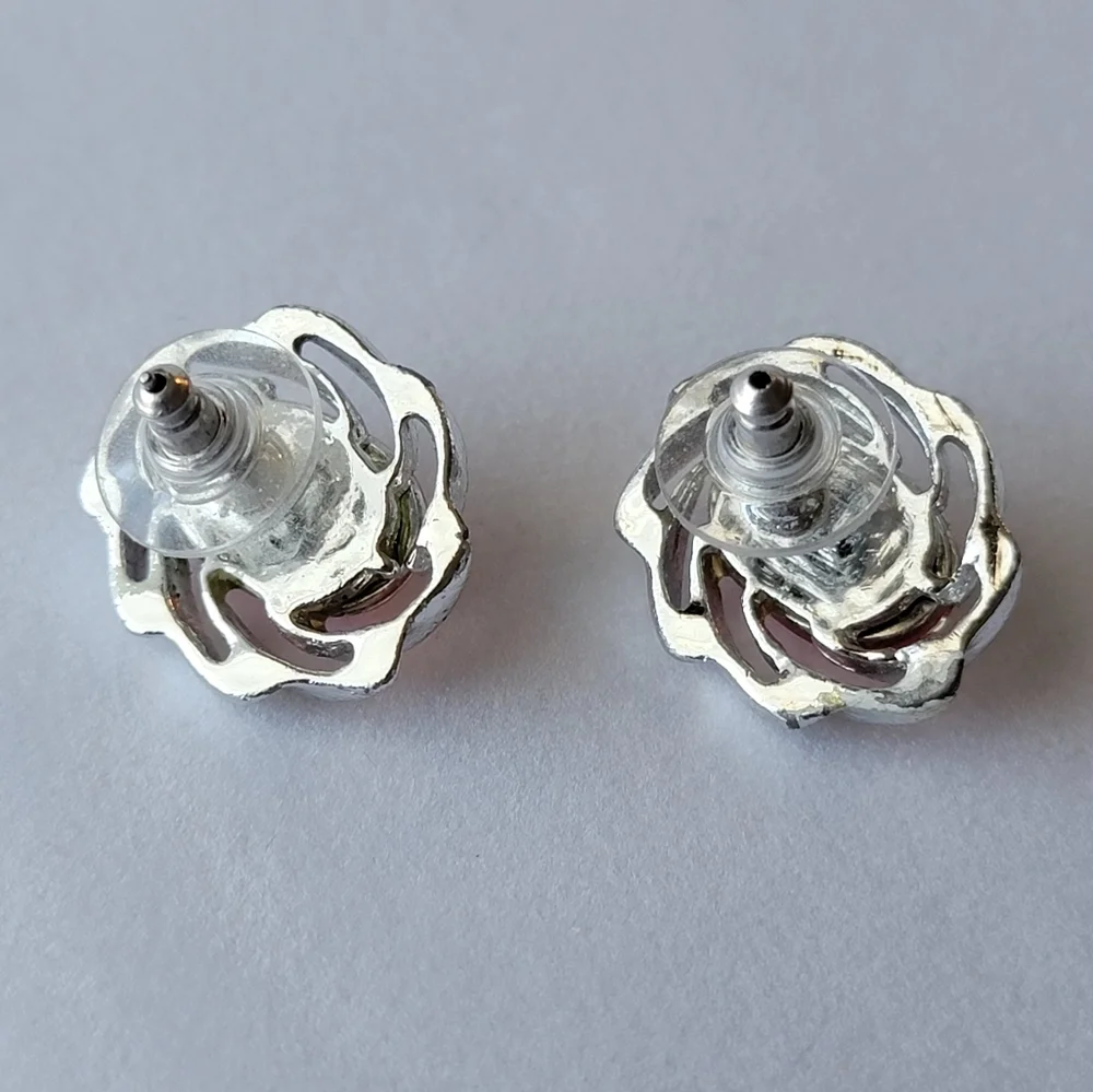 Pretty Pink Silver Tone Swirl Cabochon Flower Earrings Faux Pink Moonstone Gem